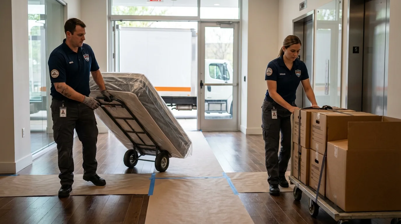 Professional apartment movers loading elevator in Oakley, UT